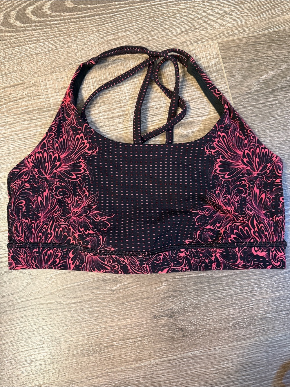 lululemon Energy Black and Pink Floral Strappy Sports Bra